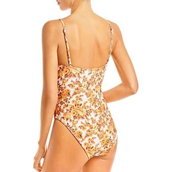 Jonathan Simkhai Ingrid Deep V One Piece Swimsuit 70s Floral Brown Orange XS New - Picture 2 of 14
